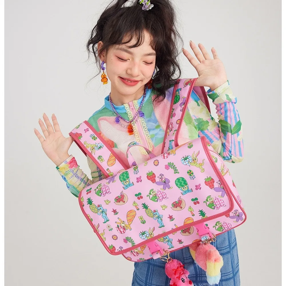 Корейский розовый рюкзак из искусственной кожи большой емкости с мультяшным принтом для женщин Kawaii Academy Schoolbag Y2k Leisure Sweet Computer Bag