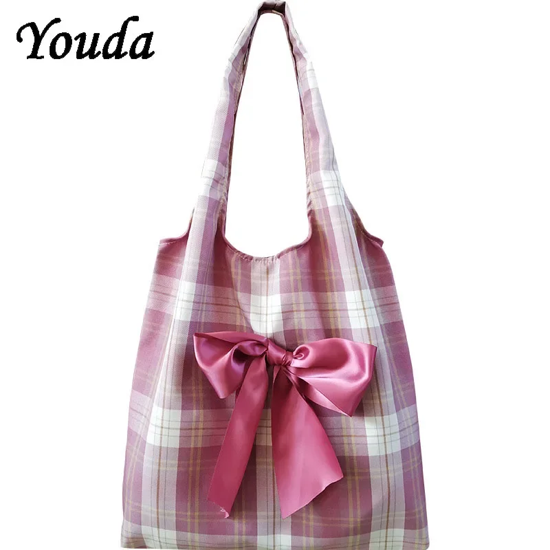 Новая женская холщовая сумка через плечо для девочек Симпатичная сетка с бантом Женская сумка Студенческая мода Многоразовая сумка для покупок большой емкости