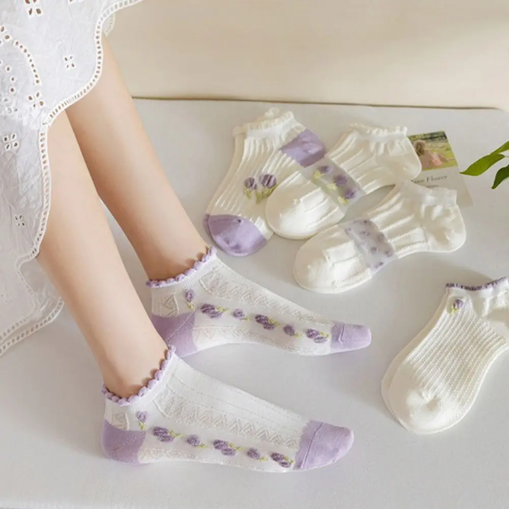 Модные летние фиолетовые короткие носки Ультратонкие прозрачные шелковые носки Harajuku Шелковые носки с цветочной вышивкой