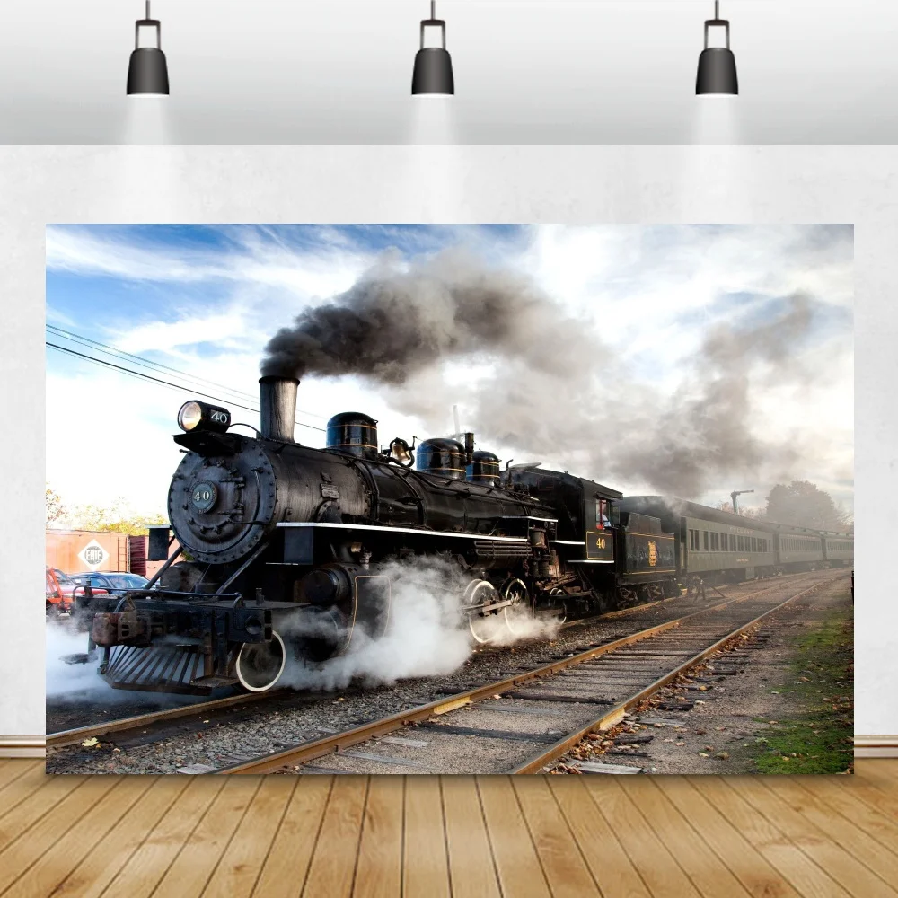 Laeacco Виниловые фоны Старый темный паровоз Поезд Исторический дымовой узор Фотография Фоны Фотосессия Фотостудия