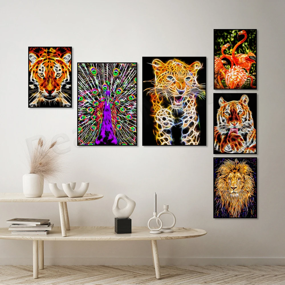 Красочный абстрактный павлин, лев, бенгальский тигр, большая кошка-тигр, леопардовый принт, абстрактный плакат с дикой природой, подарок для любителей животных